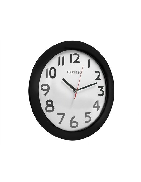 Horloge q-connect murale plastique design actuel numéros noirs fond blanc 1 pile aa non fournie diamètre 30cm noir.