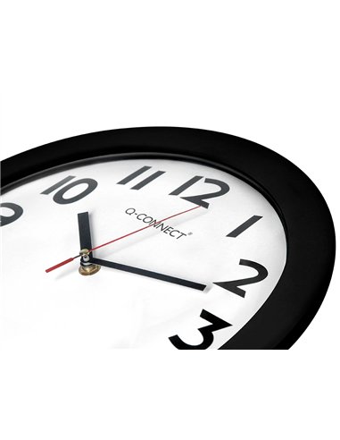 Horloge q-connect murale plastique design actuel numéros noirs fond blanc 1 pile aa non fournie diamètre 30cm noir.