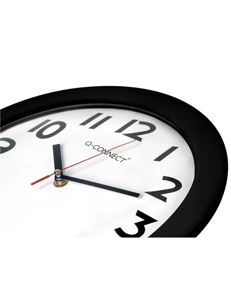 Horloge q-connect murale plastique design actuel numéros noirs fond blanc 1 pile aa non fournie diamètre 30cm noir.