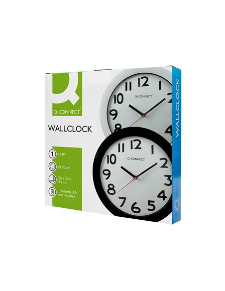 Horloge q-connect murale plastique design actuel numéros noirs fond blanc 1 pile aa non fournie diamètre 30cm noir.