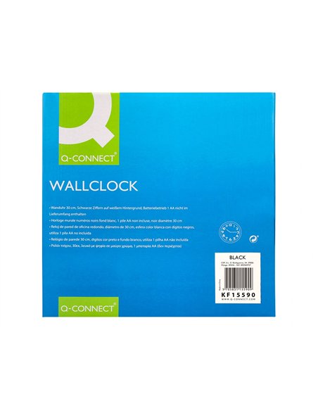 Horloge q-connect murale plastique design actuel numéros noirs fond blanc 1 pile aa non fournie diamètre 30cm noir.