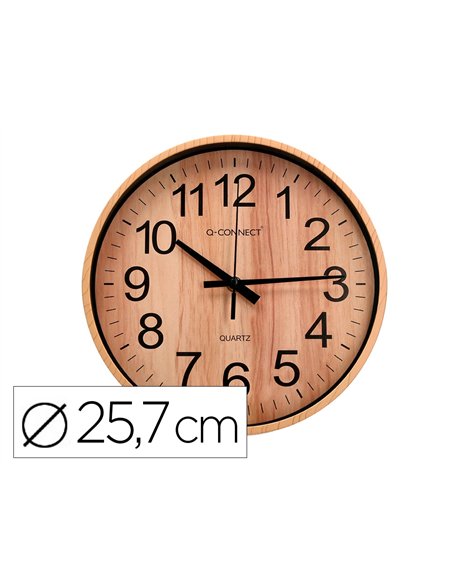 Horloge q-connect murale plastique ronde diametre 25,7cm mecanisme silencieux coloris bois naturel.