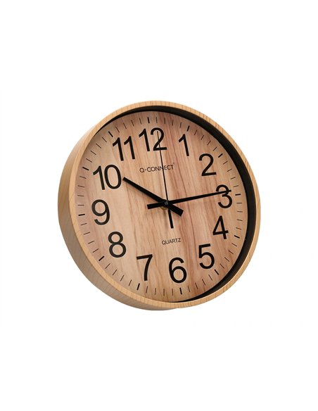 Horloge q-connect murale plastique ronde diametre 25,7cm mecanisme silencieux coloris bois naturel.