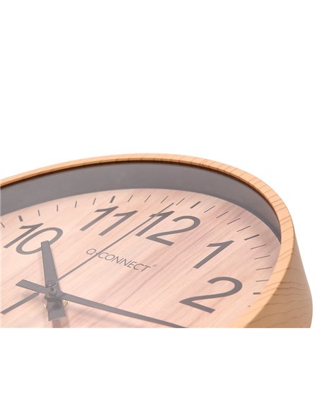 Horloge q-connect murale plastique ronde diametre 25,7cm mecanisme silencieux coloris bois naturel.