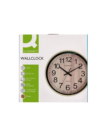 Horloge q-connect murale plastique ronde diametre 25,7cm mecanisme silencieux coloris bois naturel.