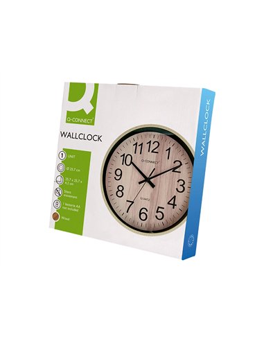 Horloge q-connect murale plastique ronde diametre 25,7cm mecanisme silencieux coloris bois naturel.