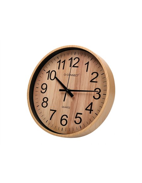 Horloge q-connect murale plastique ronde diametre 25,7cm mecanisme silencieux coloris bois naturel.