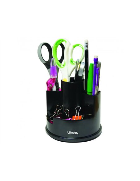Pot a crayons rotatif wonday multi cases 7 compartiments polypropylene coloris noir.