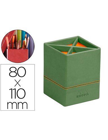 Pot crayons rhodiarama 4 compartiments en simil cuir sauge velout 8x8x11cm.
