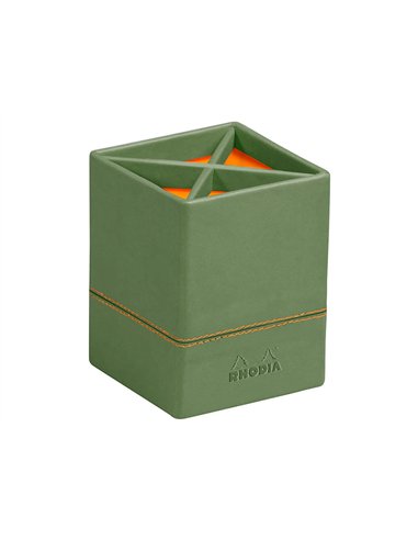 Pot crayons rhodiarama 4 compartiments en simil cuir sauge velout 8x8x11cm.