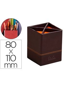 Pot crayons rhodiarama quatre compartiments en simil cuir noir velout 8x8x11cm.