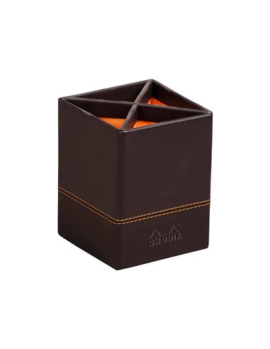 Pot crayons rhodiarama quatre compartiments en simil cuir noir velout 8x8x11cm.