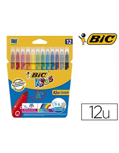 Feutre bic kids coloriage encre ultra-lavable capuchon ventilé pointe bloquée décor fantaisie pochette 12 unités.