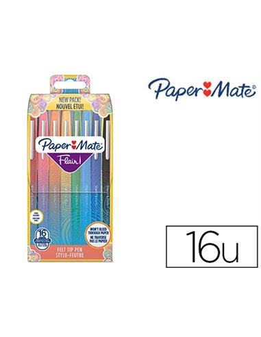 Stylo-feutre paper mate flair original pointe moyenne 1mm longue duree de vie clip metal pochette 16 coloris.