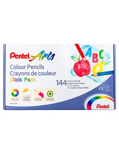 Boite de 144 crayons de couleurs pentel corps hexagonal en bois coloris assortis.