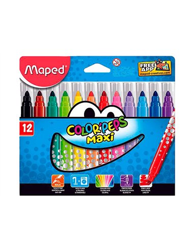 Feutre coloriage maped color'peps maxi triangulaire encore ultra-lavable pointe bloquée large pochette 12 unités.