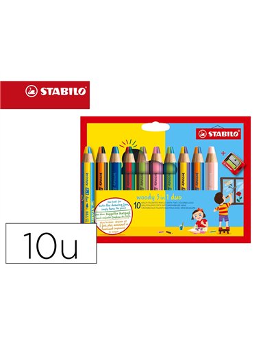 Crayon stabilo woody 3 en 1 duo multi-talents mine bicolore pointe 10mm taille-crayon inclus etui 10 unites assorties.