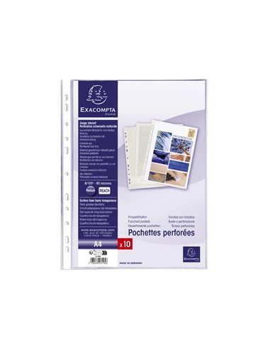 Pochette perforee exacompta a4 pvc lisse 8/100eme 80 microns paquet 10 unites.