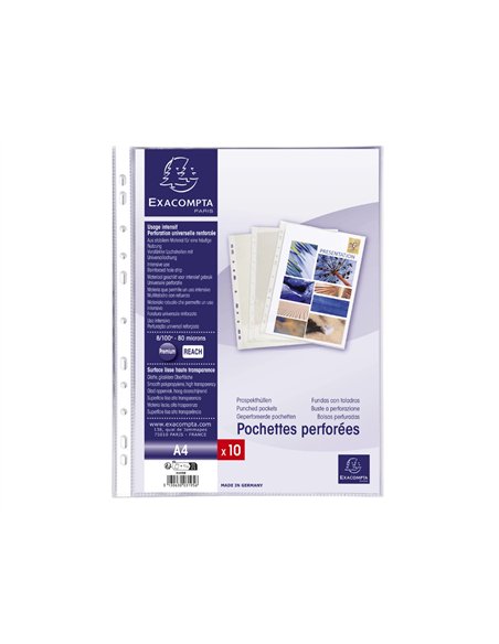 Pochette perforee exacompta a4 pvc lisse 8/100eme 80 microns paquet 10 unites.