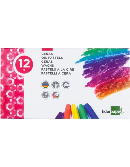 Crayon cire liderpapel 75mm diamètre 12mm papier carton tissu coloris brillants boîte 12 unités.