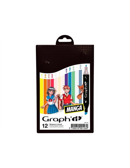 Marqueur manga colors graph'it double pointe encre translucide set 12 unites.