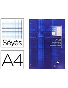 Bloc cours clairefontaine 200 pages encollées détachables papier vélin velouté a4 210x297mm 90g séyès 4 trous.