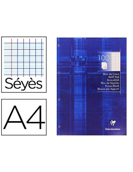 Bloc cours clairefontaine 200 pages encollées détachables papier vélin velouté a4 210x297mm 90g séyès 4 trous.