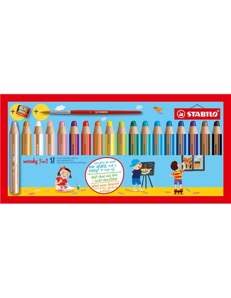 Crayon couleur stabilo woody 3in1 multi-talents + 1 taille-crayon + 1 pinceau étui carton 18 unités.