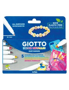 Feutre coloriage giotto décor métal pointe bloquée 4 mm inodore encre base eau coloris assortis étui 5 unités.