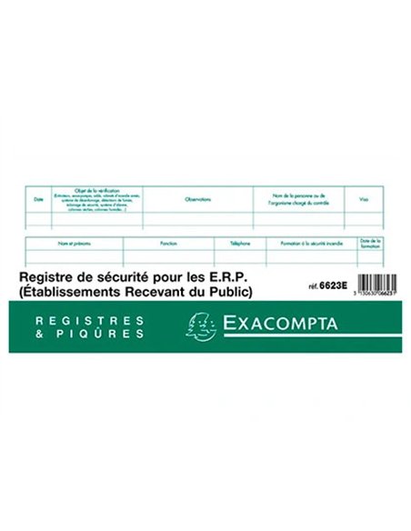Registre sécurité pour établissements recevant du public exacompta piqué 240x320mm 32 pages.