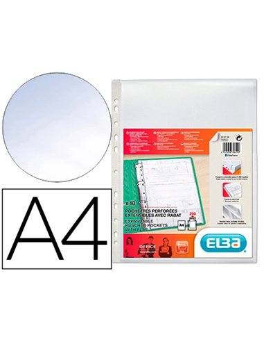 Pochette elba polypropylène lisse perforée soufflet extensible 20mm grand rabat a4 incolore boîte 10 unités.
