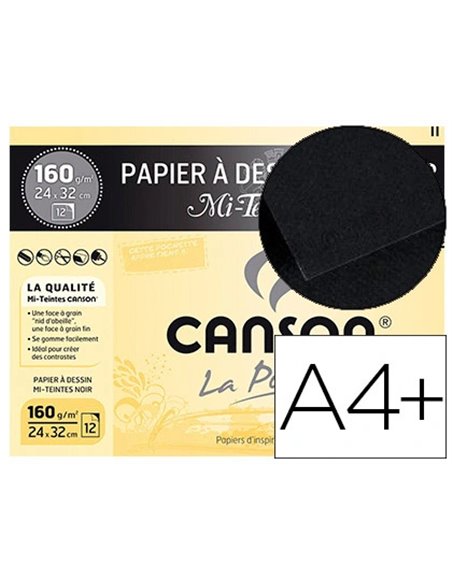 Papier dessin canson mi-teintes 160g a4+ unicolore noir pochette 12f.