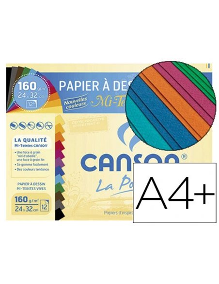Papier dessin canson mi-teintes 160g a4+ coloris vifs pochette 12f.