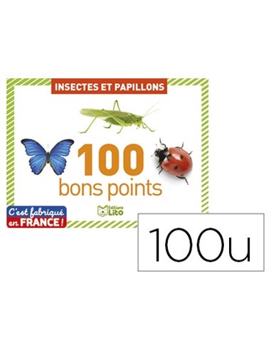 Boîte à bons points éditions lito insectes et papillons avec texte pégagogique au verso 61x82mm 100 unités.