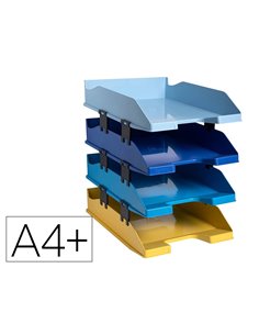 Corbeille a courrier exacompta bee blue plastique recycle a4+ coloris assortis set 4 unites + elements superposition.