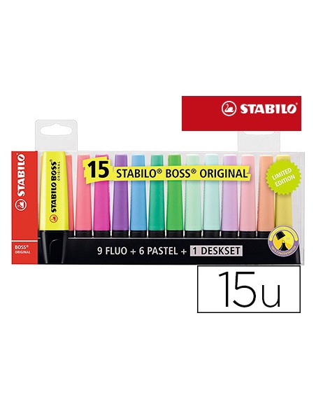 Surligneur stabilo boss original edition collector    rechargeable pointe biseautee trace 2/5mm deskset 15 unites