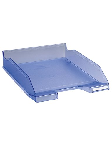 Corbeille courrier exacompta midi-combo superposable verticale/escalier coloris bleu glace translucide.