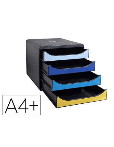 Module classement exacompta big box bee blue polystyrene monobloc 4 tiroirs a4+ superposable ultra rigide.