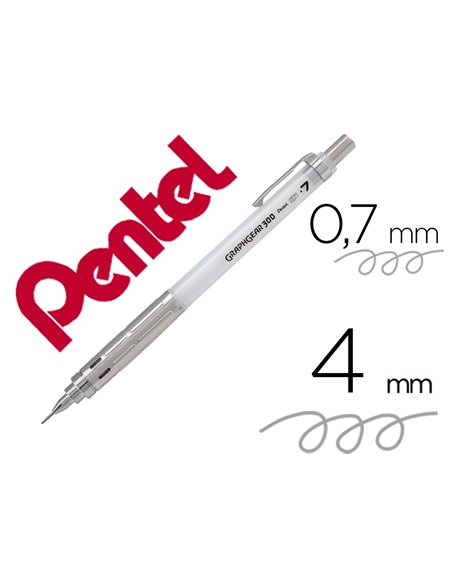Porte-mines pentel graphgear 300 canon fixe 4mm mine 0,7mm grip metal gomme avec capuchoncorps metal coloris blanc.