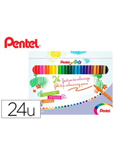 Boite de 24 feutres de coloriage pental encre ultra lavable pointe moyenne 3,9mm.