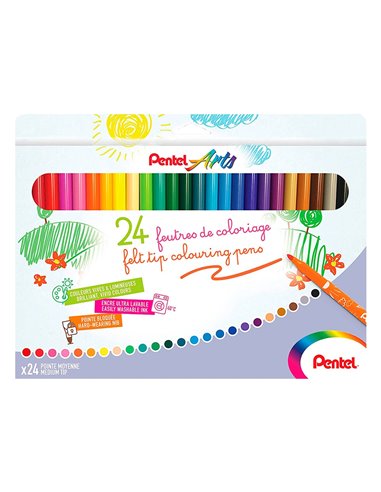 Boite de 24 feutres de coloriage pental encre ultra lavable pointe moyenne 3,9mm.