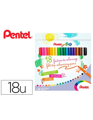 Boite de 18 feutres de coloriage pental encre ultra lavable pointe moyenne 3,9mm.