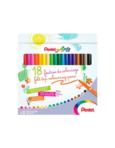 Boite de 18 feutres de coloriage pental encre ultra lavable pointe moyenne 3,9mm.