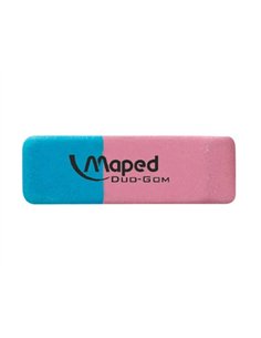 Gomme maped duo-gom mixte caoutchouc large côté rose crayon côté bleu encre.