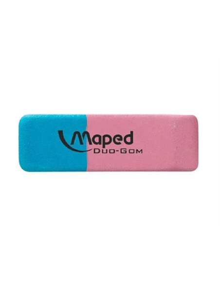 Gomme maped duo-gom mixte caoutchouc large côté rose crayon côté bleu encre.