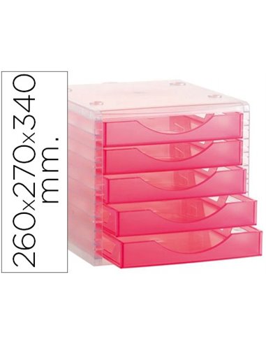 Module classement q-connect 5 tiroirs ouverts base 340x270x260mm butée sécurité coloris rose translucide.