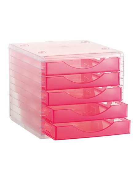 Module classement q-connect 5 tiroirs ouverts base 340x270x260mm butée sécurité coloris rose translucide.