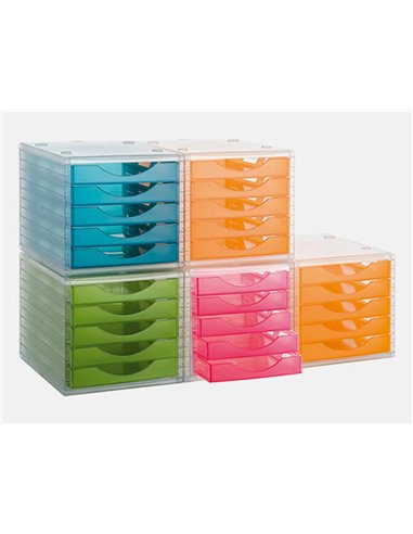 Module classement q-connect 5 tiroirs ouverts base 340x270x260mm butée sécurité coloris rose translucide.