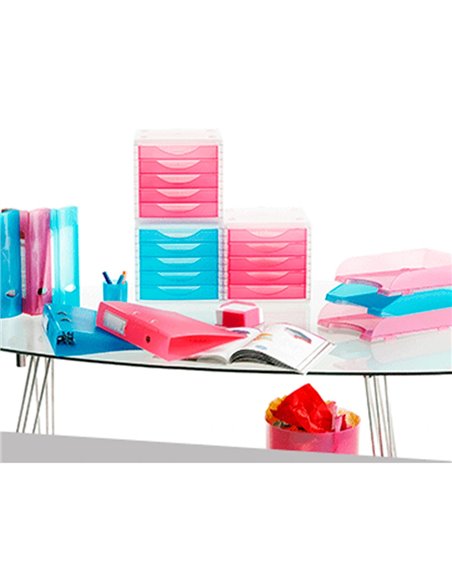 Module classement q-connect 5 tiroirs ouverts base 340x270x260mm butée sécurité coloris rose translucide.