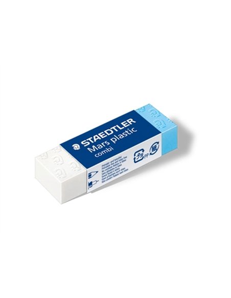 Gomme staedtler mars plastic combi 30x13x12mm sans latex pour l'encre de chine coloris blanc et bleu.